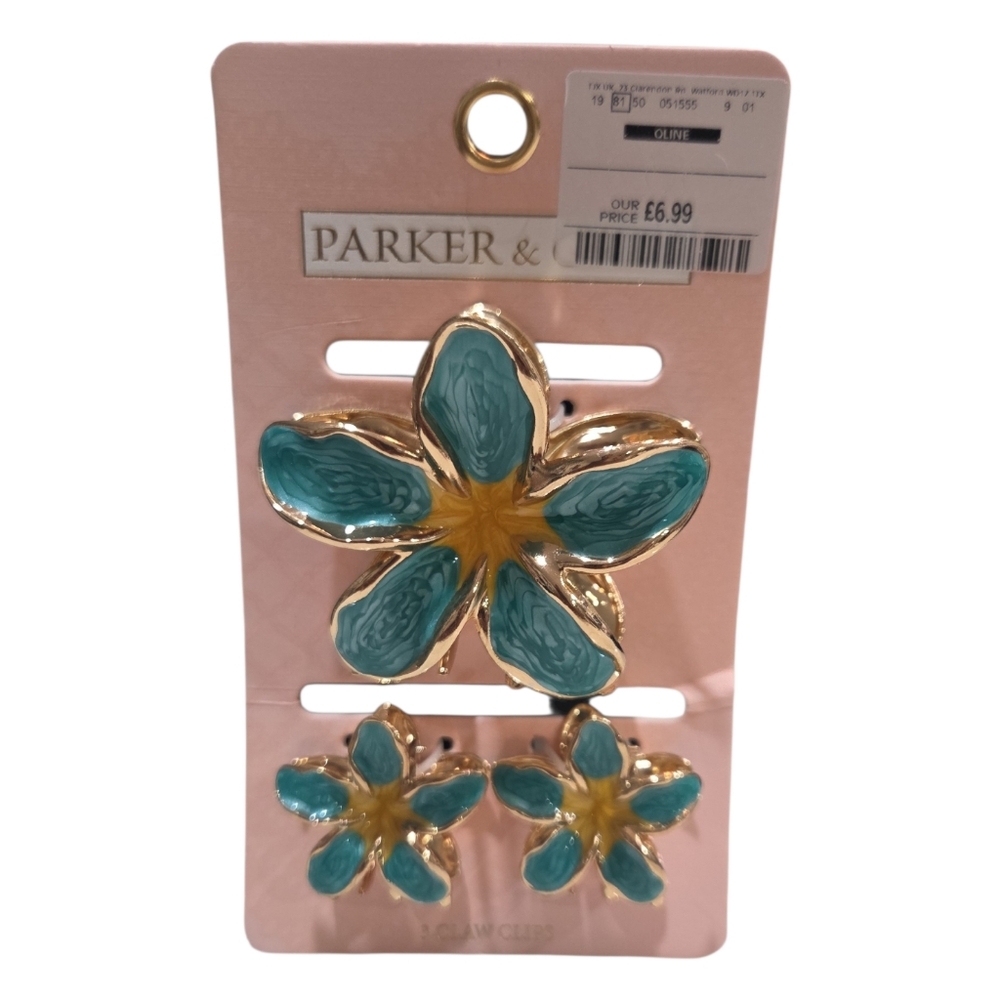 Parker & Grey Floral Hair Claw Clip Set - Teal  Gold Set Of 3 Metal UK EXCLUSIVE